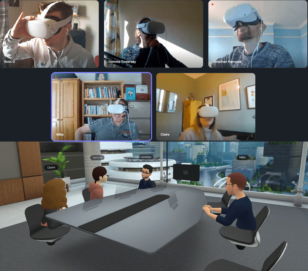 Split screen image of the Mind Tools team with their headsets on, and as VR avatars in Horizon Workrooms